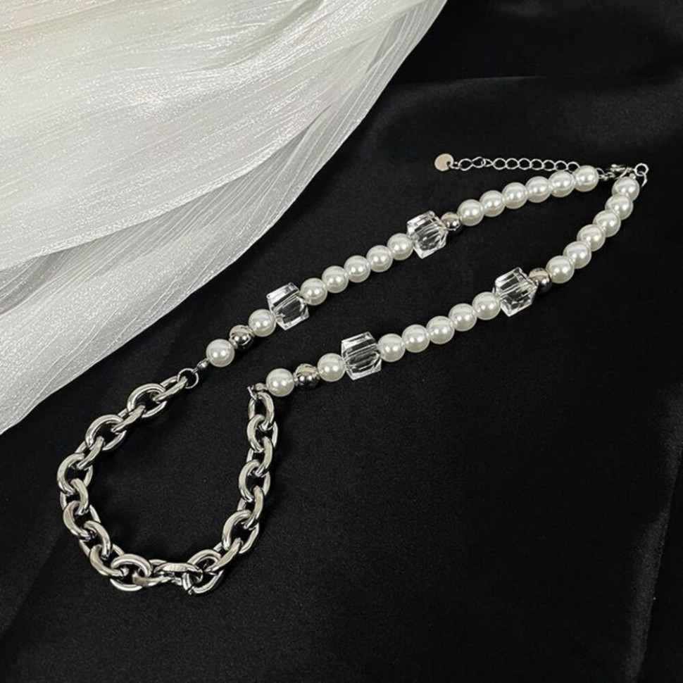 Комбинированное колье из жемчуга и стальных цепей CJH67729 Комбинированное колье из жемчуга и стальных цепей CJH67729