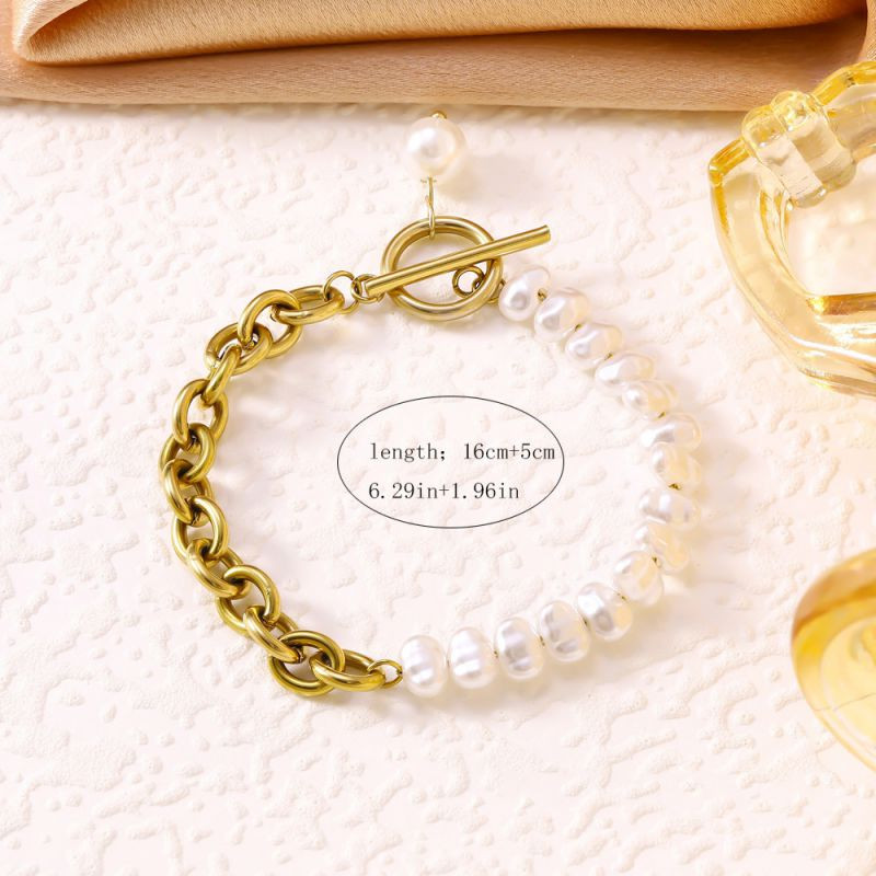 Браслет из жемчуга с золотистой цепью и замком тогл CJR70163 Браслет из жемчуга с золотистой цепью и замком тогл CJR70163