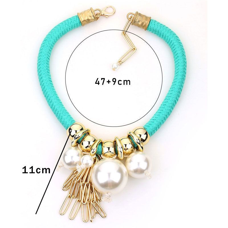 Бирюзовый чокер из текстиля с каскадом жемчужных подвесок CJP62758 Бирюзовый чокер из текстиля с каскадом жемчужных подвесок CJP62758