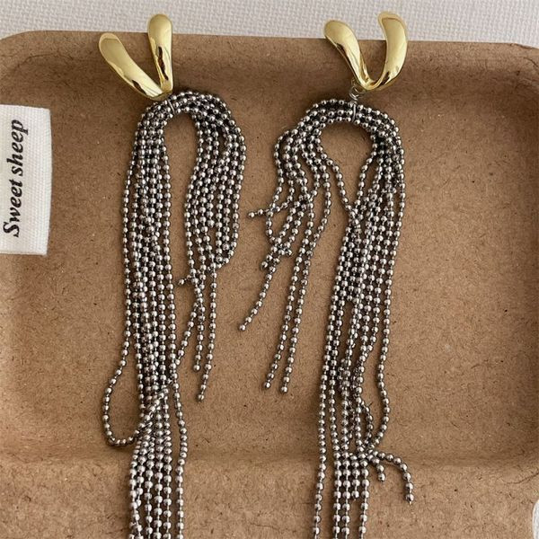 Длинные серьги пусеты из каскада тонких серебристых цепей CJL80778