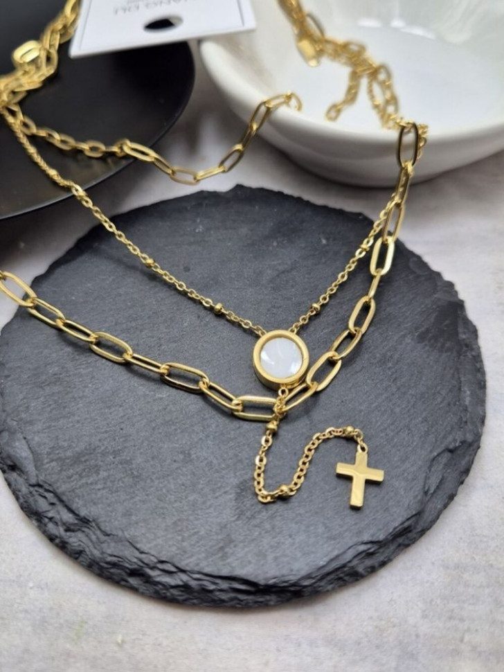 Многослойное колье-галстук с каскадом золотых цепочек J10558CJJ