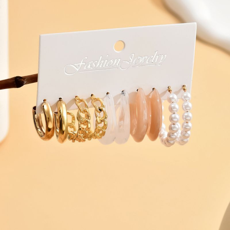 Набор массивных золотистых серег конго с жемчугом и акрилом CJP86786 Набор массивных золотистых серег конго с жемчугом и акрилом CJP86786