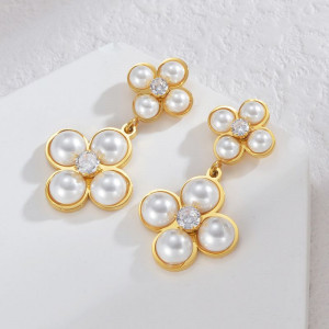 Серьги Висячие Клевер четырехлистник с жемчугом CJL35110