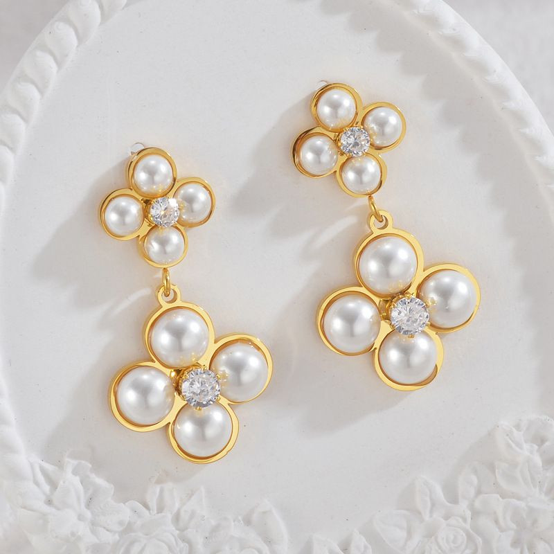 Серьги Висячие Клевер четырехлистник с жемчугом CJL35110