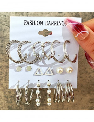 Большой набор серебристых серег конго с жемчугом и геометрическими пусетами Z05884