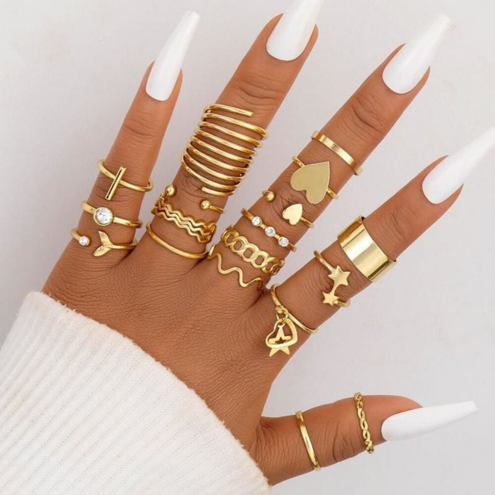 Огромный набор золотистых колец с цепочками и сердцами CJH65257