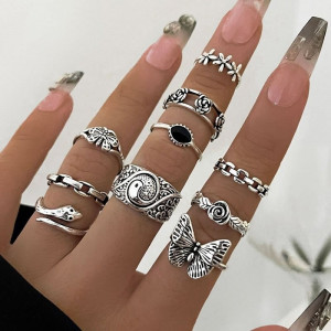 Серебристый комплект колец с крупной бабочкой и камнями M90272 Серебристый комплект колец с крупной бабочкой и камнями M90272