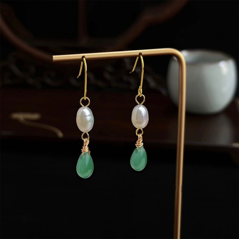 Тонкие серьги-петли с жемчугом и мятными каплями CJQ20338