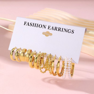 Набор золотистых серег пусет и конго с витым дизайном и жемчугом CJC88977 Набор золотистых серег пусет и конго с витым дизайном и жемчугом CJC88977