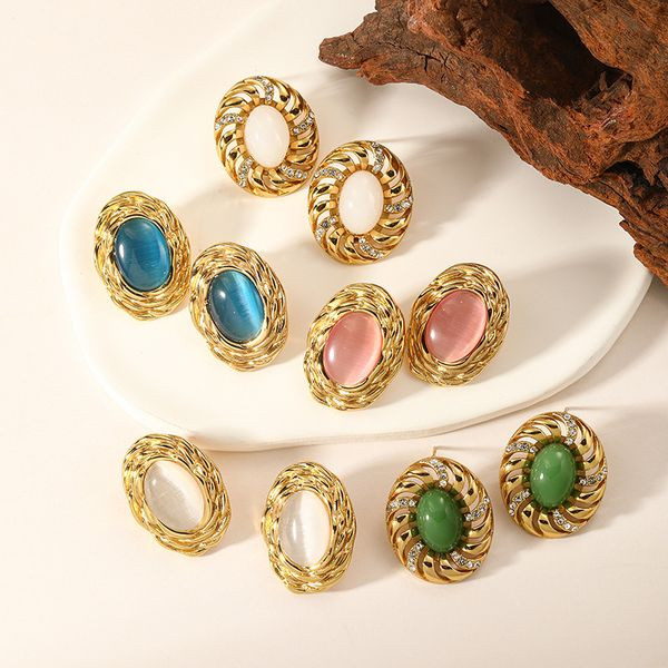 Серьги-пусеты Овалы со вставкой кошачий глаз CJL48587