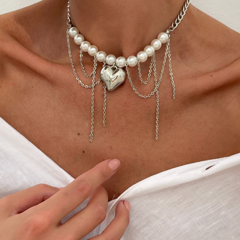 Комбинированный чокер из жемчуга и цепей с сердцем CJM03532