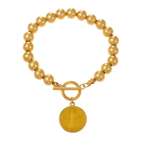 Браслет из золотистых бусин с цветным медальоном CJL46654