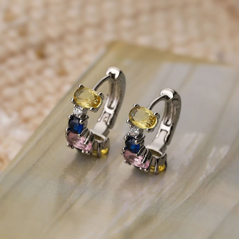 Серебристые серьги-кольца с цветными камнями N98949