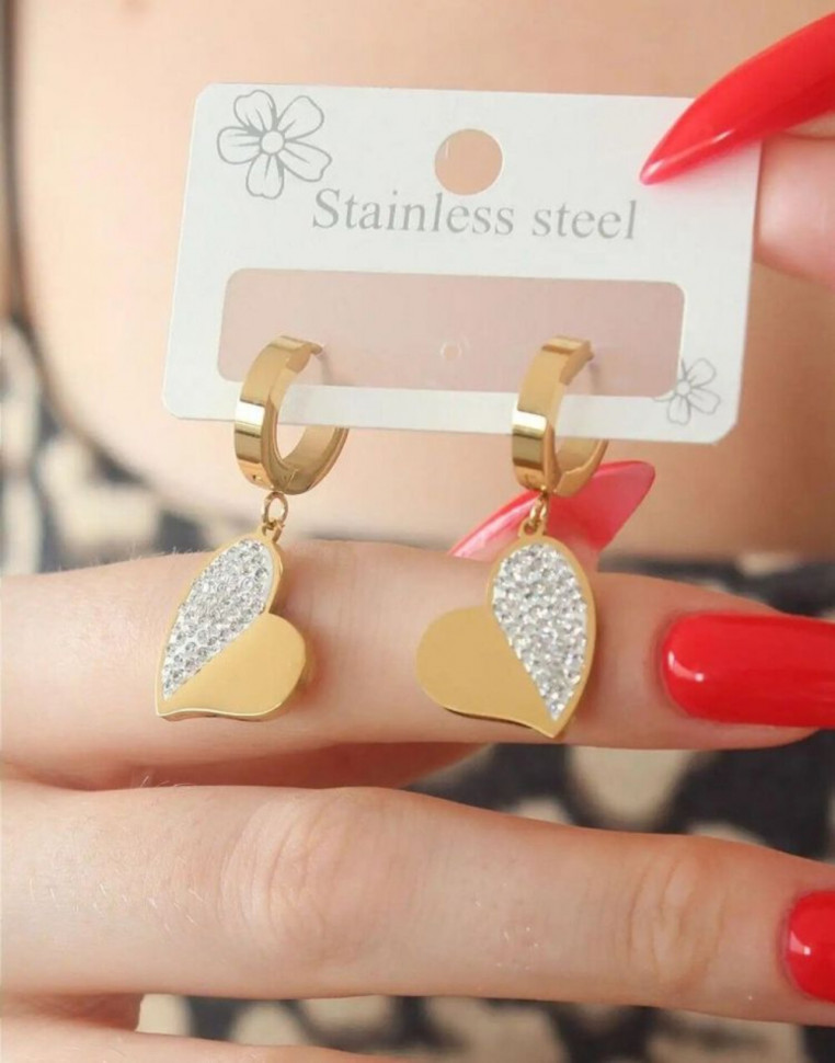 Серьги-кольца конго с подвесками в виде сердец в стразах J10248CJJ Серьги-кольца конго с подвесками в виде сердец в стразах J10248CJJ