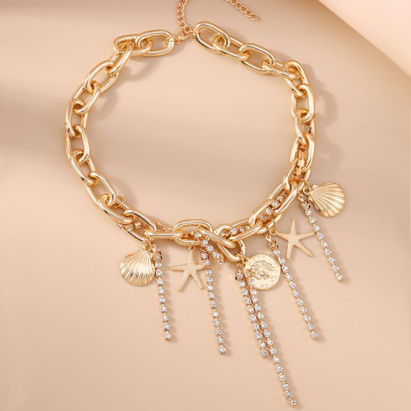 Многослойная золотистая цепь с подвесками и каскадом CJL75830 Многослойная золотистая цепь с подвесками и каскадом CJL75830