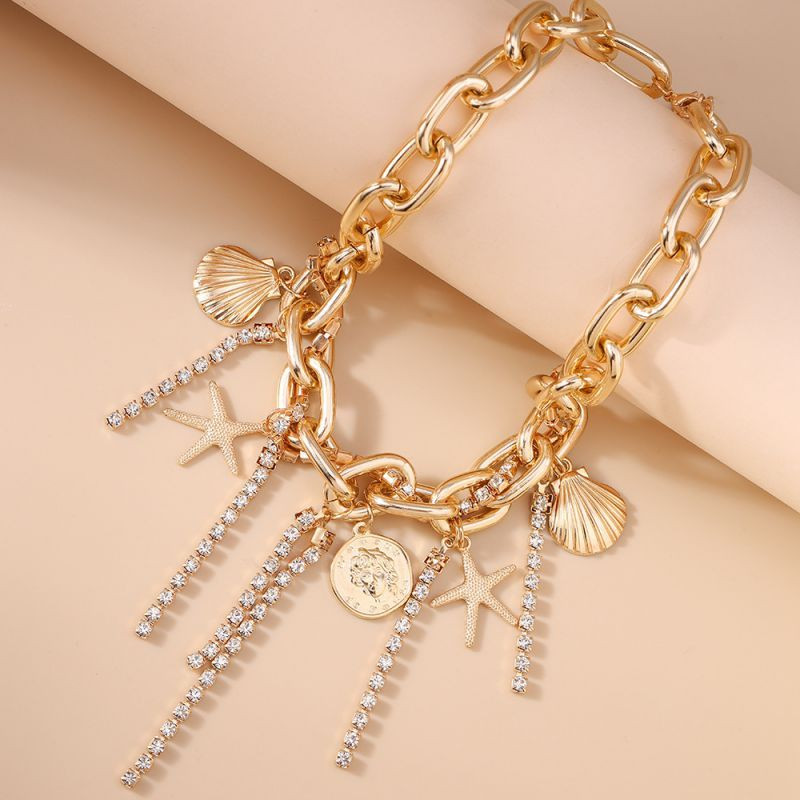 Многослойная золотистая цепь с подвесками и каскадом CJL75830 Многослойная золотистая цепь с подвесками и каскадом CJL75830