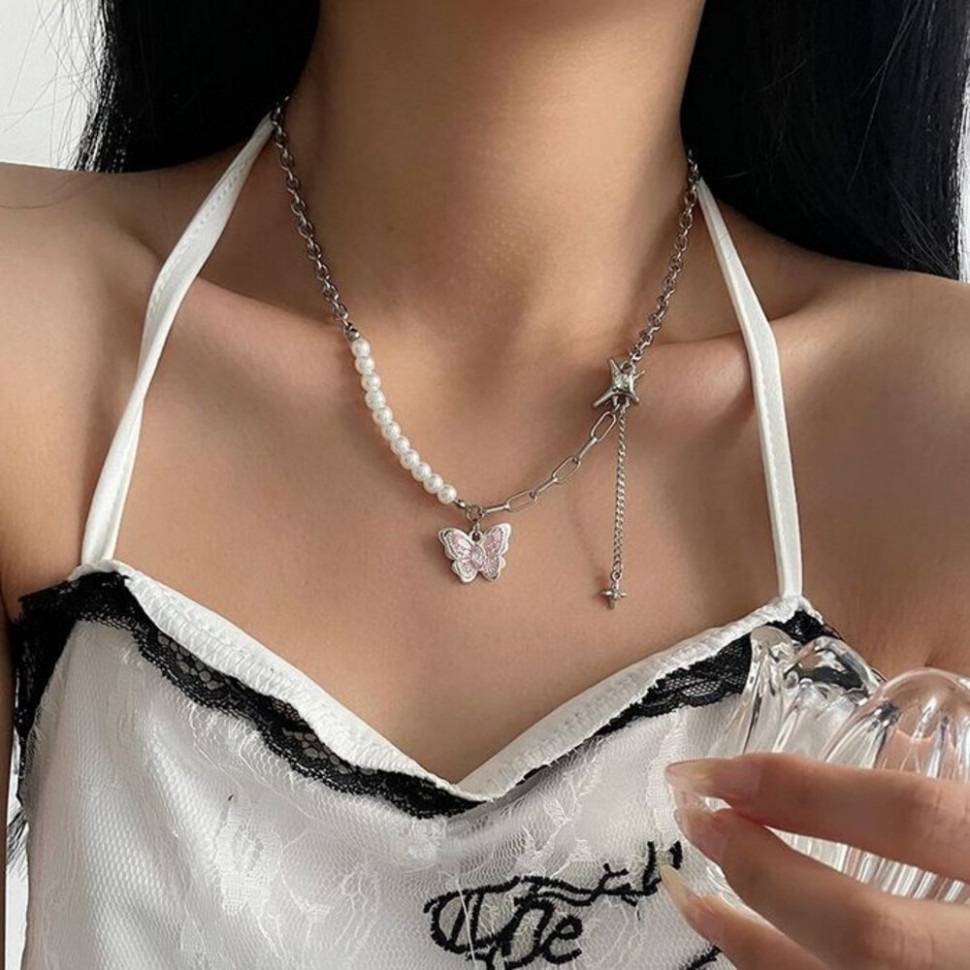 Двойное колье с жемчугом, бабочкой и кристаллами CJJ22312 Двойное колье с жемчугом, бабочкой и кристаллами CJJ22312