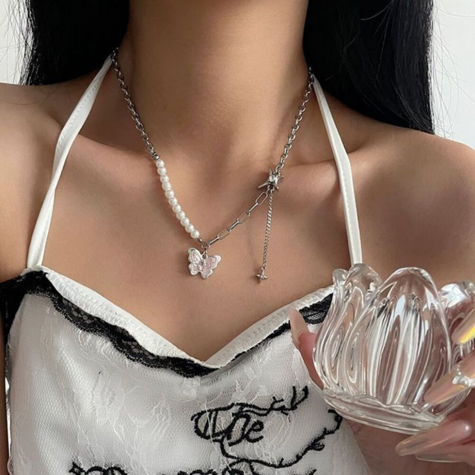 Двойное колье с жемчугом, бабочкой и кристаллами CJJ22312 Двойное колье с жемчугом, бабочкой и кристаллами CJJ22312