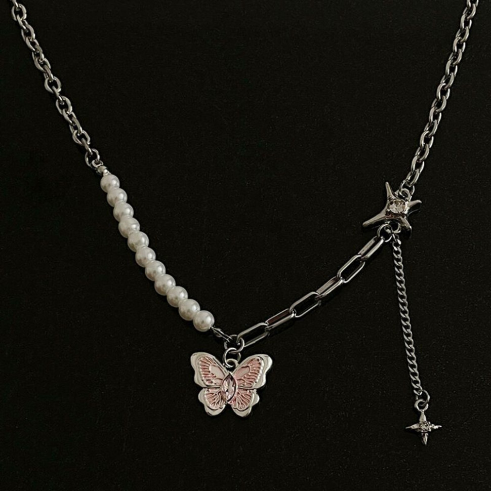 Двойное колье с жемчугом, бабочкой и кристаллами CJJ22312 Двойное колье с жемчугом, бабочкой и кристаллами CJJ22312