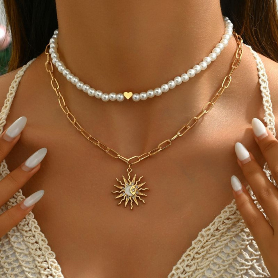 Двойное колье из жемчужного чокера и цепи с солнцем CJH70583