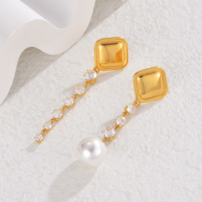 Серьги Висячие Ромбы на цепочке с жемчугом CJL35122 Серьги Висячие Ромбы на цепочке с жемчугом CJL35122