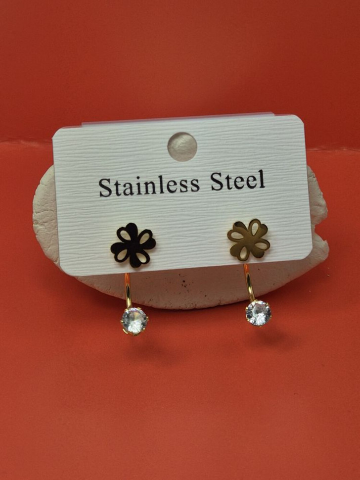 Серьги гвоздики цветок клевер из стали с напылением золотом J11522CJJ