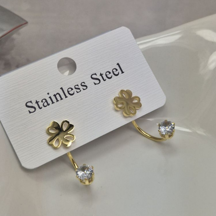 Серьги гвоздики цветок клевер из стали с напылением золотом J11522CJJ