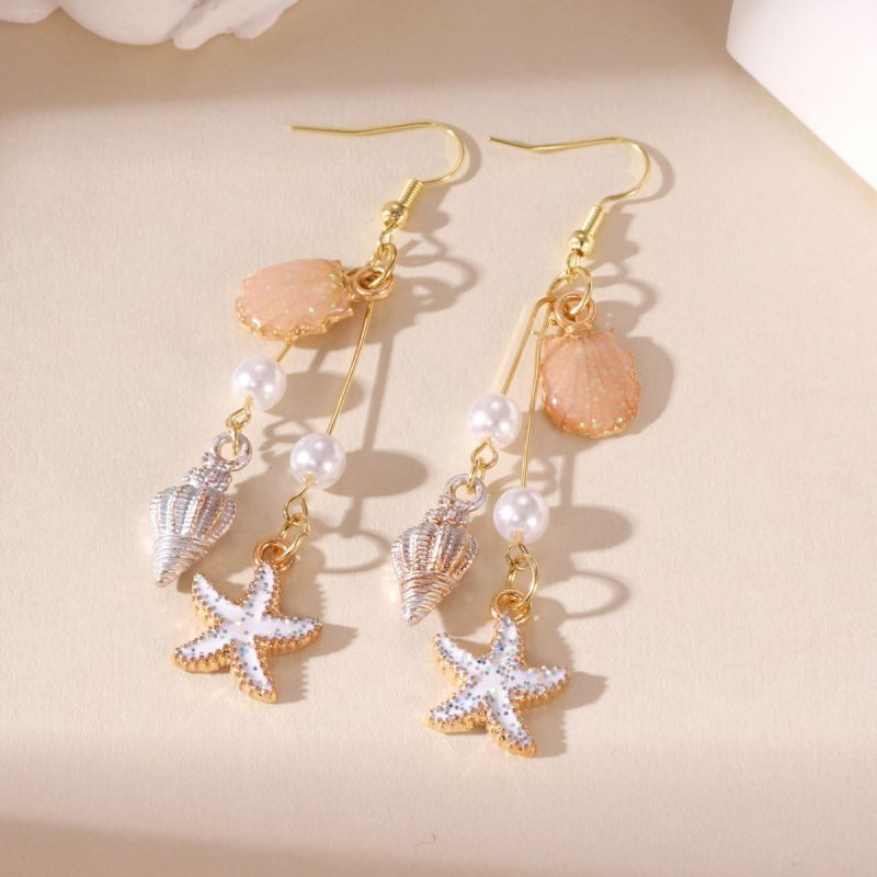 Длинные серьги в морском стиле с ракушками и звездами CJN97540
