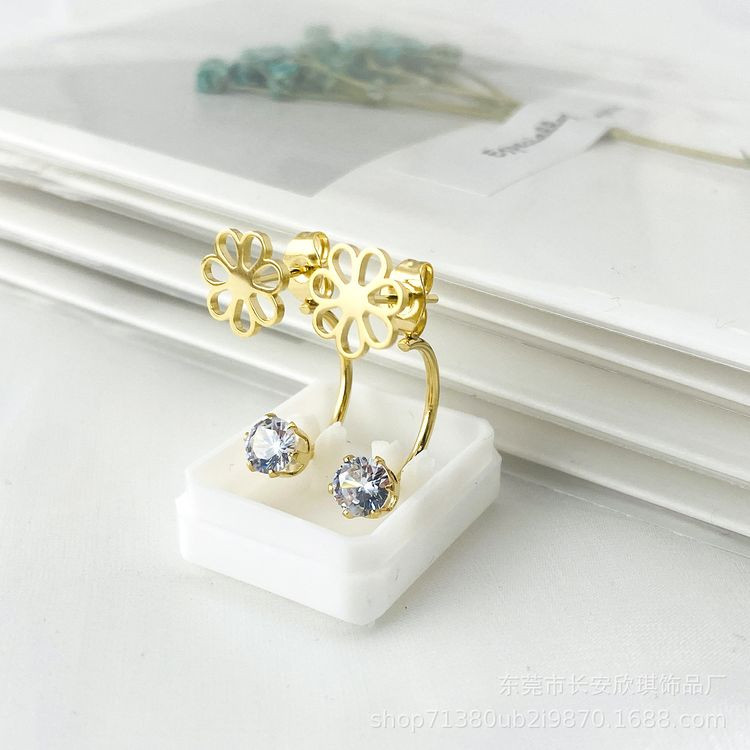 Золотистые стальные серьги-джекеты в форме цветов с сияющими кристаллами 1J11523CJJ