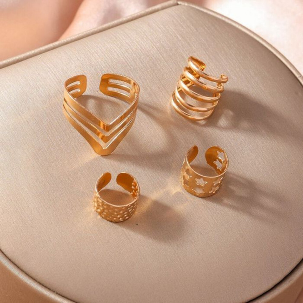 Набор золотистых каффов и колец на фаланги с геометрическими вырезами CJH74983
