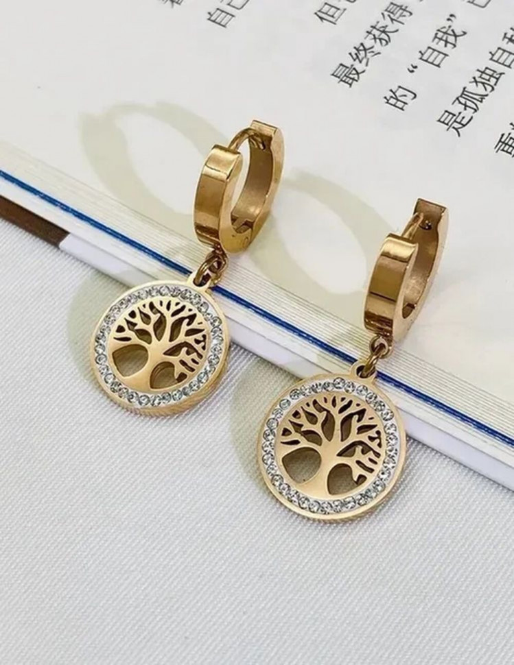 Стальные серьги-подвески с дисками «Древо жизни» в стразах J10016CJJ
