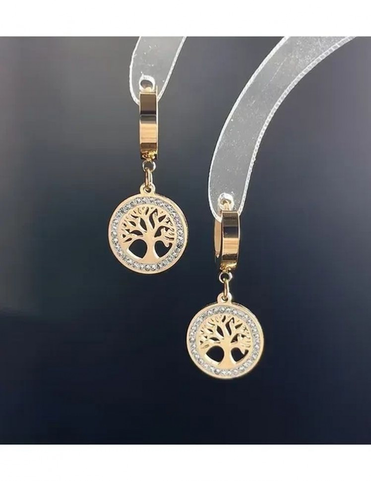 Стальные серьги-подвески с дисками «Древо жизни» в стразах J10016CJJ