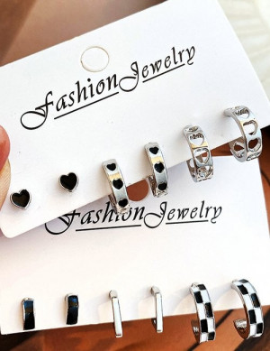 Набор стильных серег пусет и конго в черно-белой гамме с принтом шахматная клетка Z08112