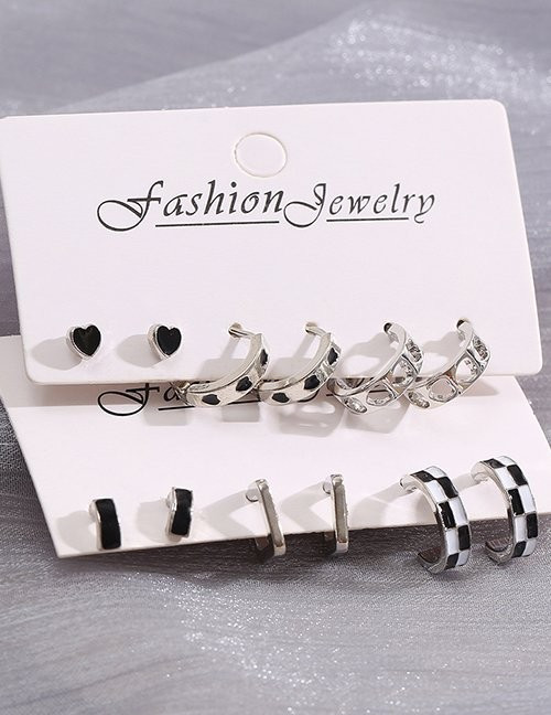 Набор стильных серег пусет и конго в черно-белой гамме с принтом шахматная клетка Z08112