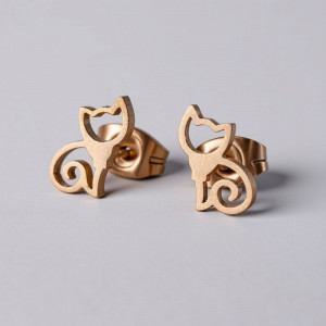 Стальные серьги-пусеты Кошки в цвете розовое золото 1J11360CJJ Стальные серьги-пусеты Кошки в цвете розовое золото 1J11360CJJ