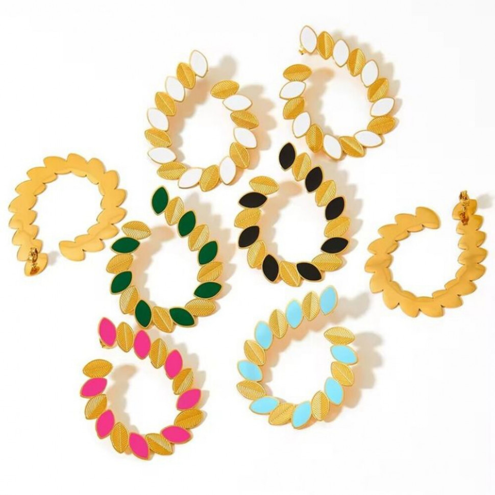 Дизайнерские серьги-кольца из стали с белыми лепестками 1J11288CJJ Дизайнерские серьги-кольца из стали с белыми лепестками 1J11288CJJ