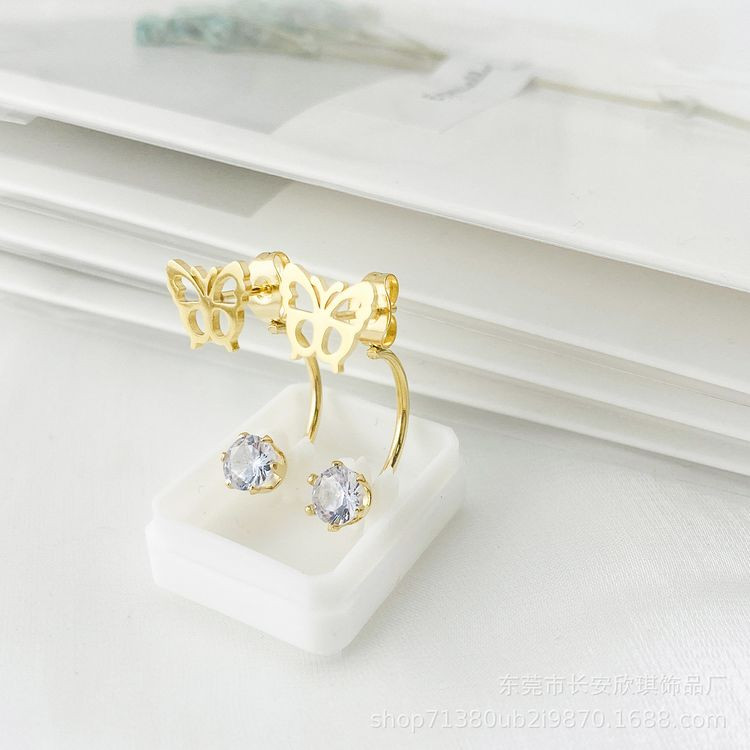 Золотистые стальные серьги-джекеты с ажурными бабочками и кристаллами 1J11524CJJ