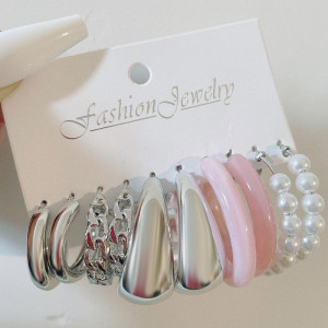 Набор массивных серебристых серег пусет с акриловыми вставками нежно розового цвета CJG33638 Набор массивных серебристых серег пусет с акриловыми вставками нежно розового цвета CJG33638