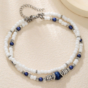 Браслет на ногу из белого и синего бисера CJP35879 Браслет на ногу из белого и синего бисера CJP35879