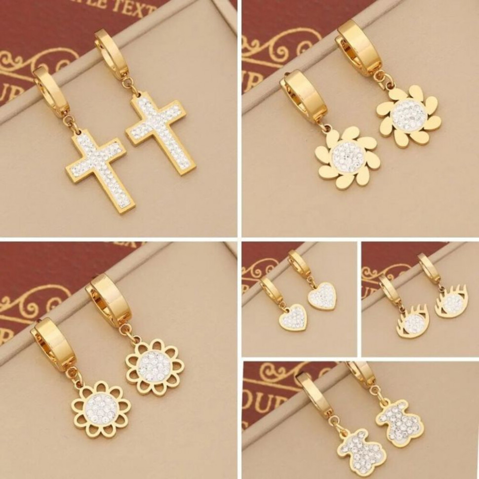 Серьги-кольца конго с подвесками в форме мишек в стразах J10258CJJ