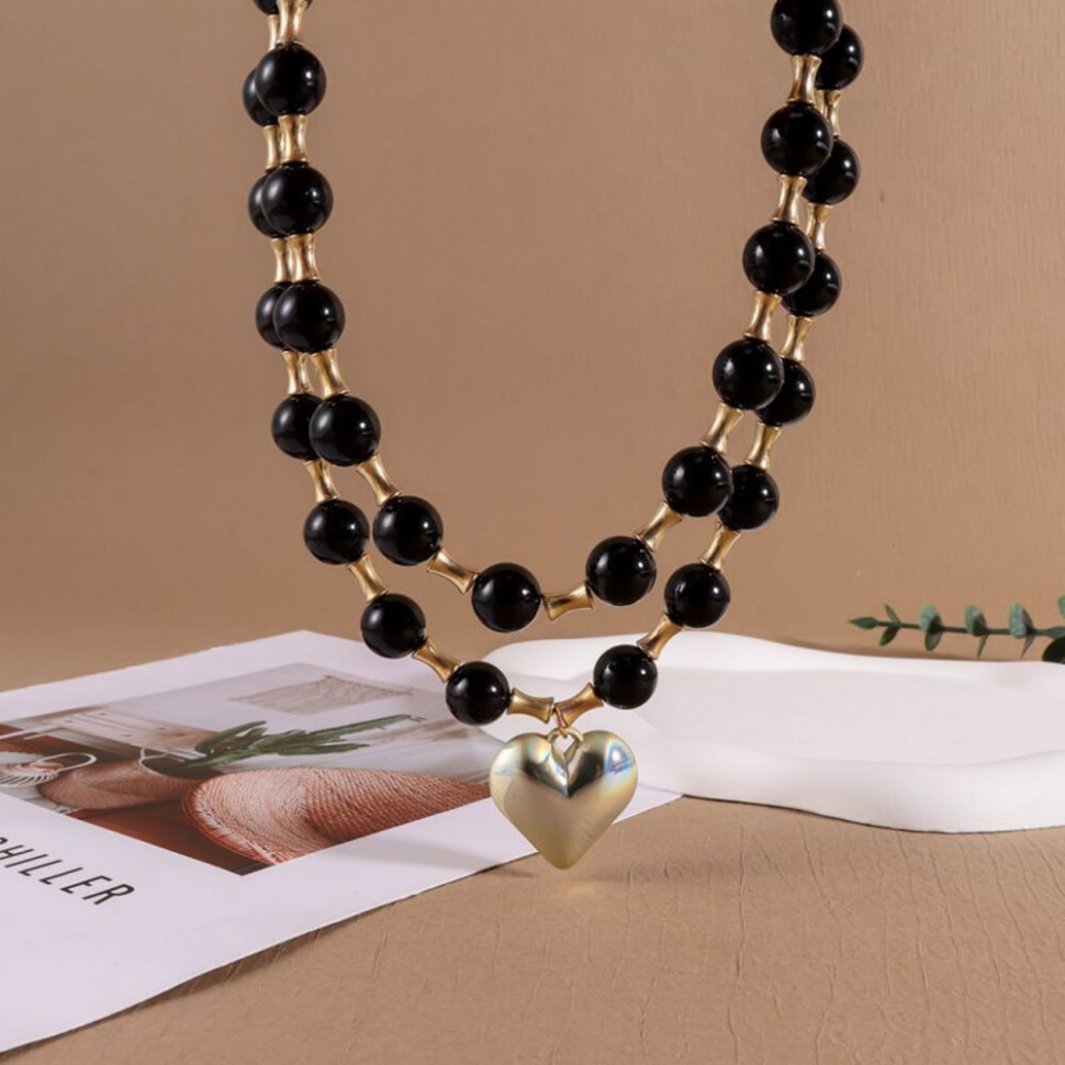 Двойные черные бусы с подвеской в форме сердца CJH43931