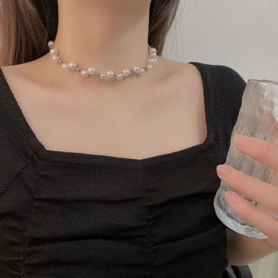 Воздушное колье из жемчуга неправильной формы на серебристой цепочке J10739CJJ