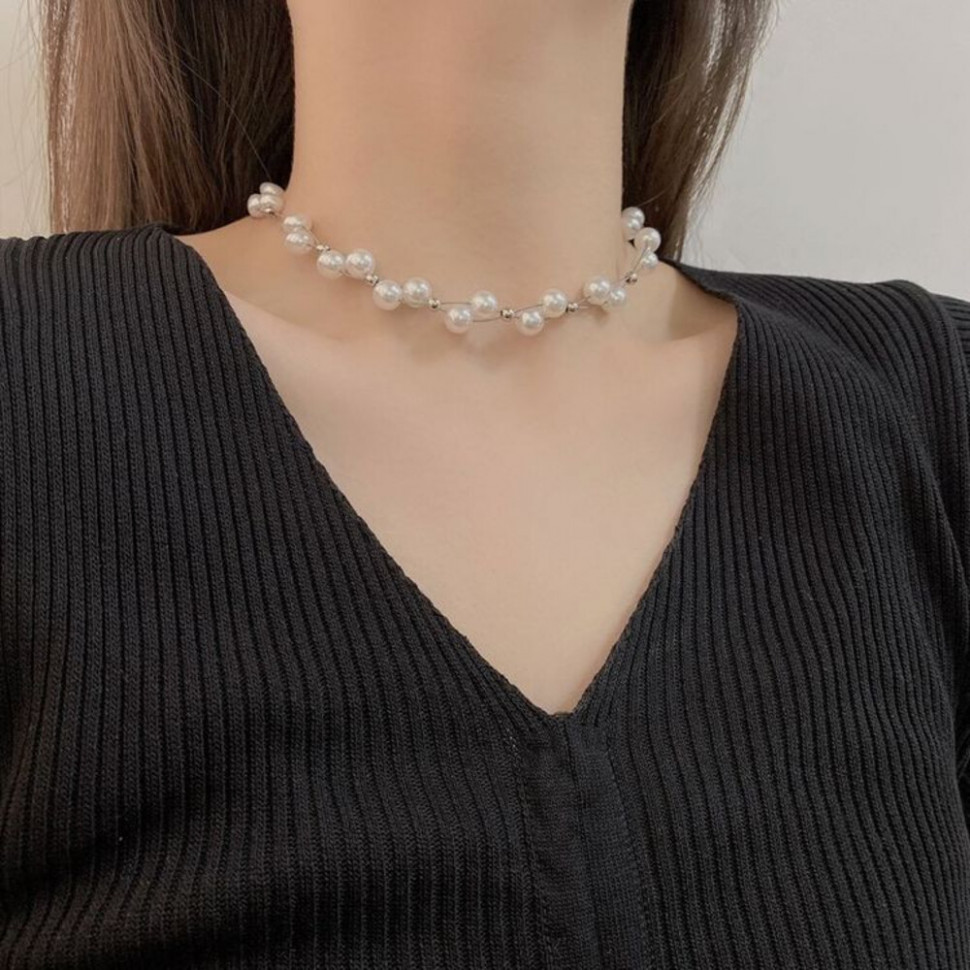 Воздушное колье из жемчуга неправильной формы на серебристой цепочке J10739CJJ