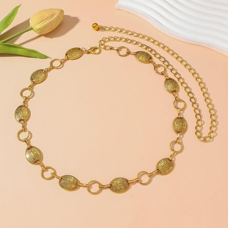 Золотистая поясная цепь с овалом в этническом стиле CJX83474 Золотистая поясная цепь с овалом в этническом стиле CJX83474