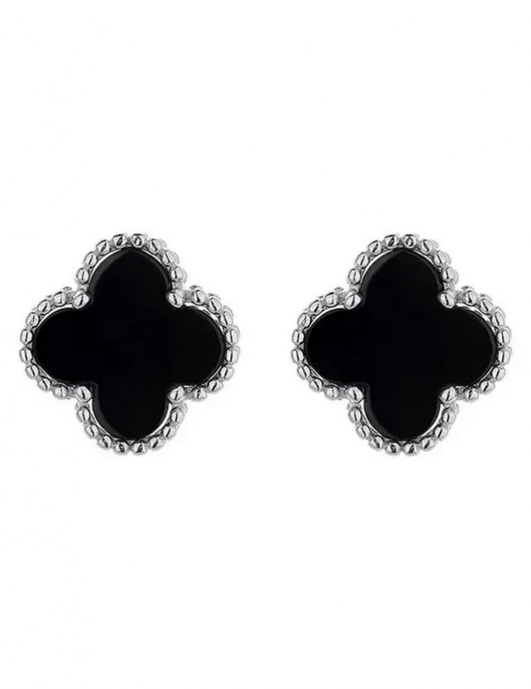 Стальные серьги клевер с черной вставкой J10020CJJ Стальные серьги клевер с черной вставкой J10020CJJ