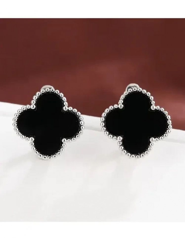 Стальные серьги клевер с черной вставкой J10020CJJ Стальные серьги клевер с черной вставкой J10020CJJ