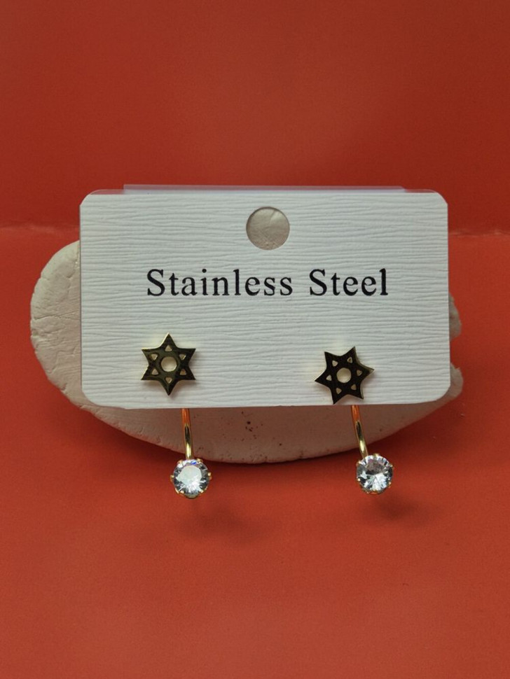 Золотистые стальные серьги-джекеты со звездами Давида и кристаллами 1J11528CJJ