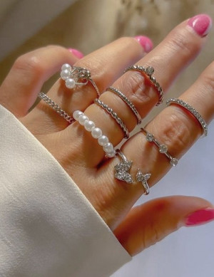 Серебристый комплект колец с жемчужной дорожкой и бабочкой Z08122