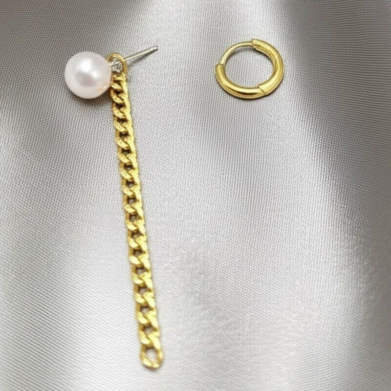 Асимметричные серьги с жемчугом и цепью 1J11835CJJ