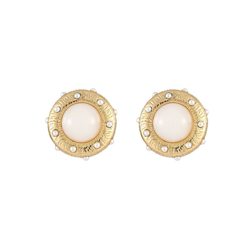 Серьги-пусеты Круглые с красным камнем и жемчужной оправой CJL30671